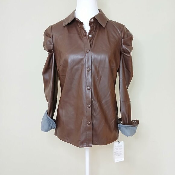 NWT 7 For All Mankind Vegan Faux Leather Puff Sleeve Top Brown Size Small - Picture 2 of 9
